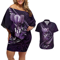 Personalised All Purple New Zealand Darts Couples Matching Off Shoulder Short Dress and Hawaiian Shirt Aoteroa Fern Maori Galaxy Style LT14 Purple - Polynesian Pride