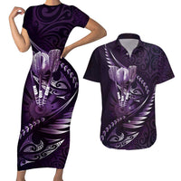 Personalised All Purple New Zealand Darts Couples Matching Short Sleeve Bodycon Dress and Hawaiian Shirt Aoteroa Fern Maori Galaxy Style LT14 Purple - Polynesian Pride