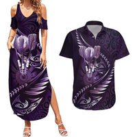 Personalised All Purple New Zealand Darts Couples Matching Summer Maxi Dress and Hawaiian Shirt Aoteroa Fern Maori Galaxy Style LT14 Purple - Polynesian Pride