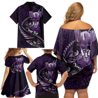 Personalised All Purple New Zealand Darts Family Matching Off Shoulder Short Dress and Hawaiian Shirt Aoteroa Fern Maori Galaxy Style LT14 - Polynesian Pride
