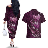 Personalised All Pink New Zealand Darts Couples Matching Off The Shoulder Long Sleeve Dress and Hawaiian Shirt Aoteroa Fern Maori Galaxy Style LT14 - Polynesian Pride