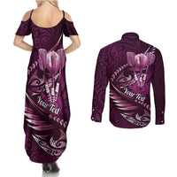 Personalised All Pink New Zealand Darts Couples Matching Summer Maxi Dress and Long Sleeve Button Shirt Aoteroa Fern Maori Galaxy Style LT14 - Polynesian Pride