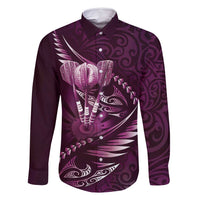 Personalised All Pink New Zealand Darts Family Matching Off Shoulder Maxi Dress and Hawaiian Shirt Aoteroa Fern Maori Galaxy Style LT14 Dad's Shirt - Long Sleeve Pink - Polynesian Pride