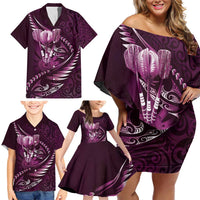 Personalised All Pink New Zealand Darts Family Matching Off Shoulder Short Dress and Hawaiian Shirt Aoteroa Fern Maori Galaxy Style LT14 - Polynesian Pride