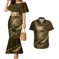 Personalised All Gold New Zealand Darts Couples Matching Mermaid Dress and Hawaiian Shirt Aoteroa Fern Maori Galaxy Style LT14 Gold - Polynesian Pride