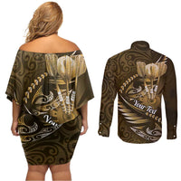 Personalised All Gold New Zealand Darts Couples Matching Off Shoulder Short Dress and Long Sleeve Button Shirt Aoteroa Fern Maori Galaxy Style LT14 - Polynesian Pride