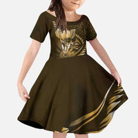 Personalised All Gold New Zealand Darts Family Matching Long Sleeve Bodycon Dress and Hawaiian Shirt Aoteroa Fern Maori Galaxy Style LT14 Daughter's Dress Gold - Polynesian Pride