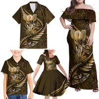 Personalised All Gold New Zealand Darts Family Matching Off Shoulder Maxi Dress and Hawaiian Shirt Aoteroa Fern Maori Galaxy Style LT14 - Polynesian Pride