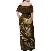 Personalised All Gold New Zealand Darts Family Matching Off Shoulder Maxi Dress and Hawaiian Shirt Aoteroa Fern Maori Galaxy Style LT14 - Polynesian Pride