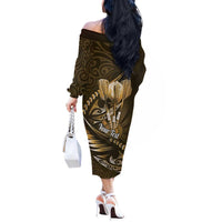 Personalised All Gold New Zealand Darts Off The Shoulder Long Sleeve Dress Aoteroa Fern Maori Galaxy Style LT14 - Polynesian Pride