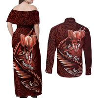 Personalised All Red New Zealand Darts Couples Matching Off Shoulder Maxi Dress and Long Sleeve Button Shirt Aoteroa Fern Maori Galaxy Style LT14 - Polynesian Pride