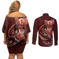 Personalised All Red New Zealand Darts Couples Matching Off Shoulder Short Dress and Long Sleeve Button Shirt Aoteroa Fern Maori Galaxy Style LT14 - Polynesian Pride