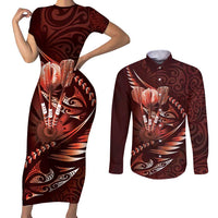 Personalised All Red New Zealand Darts Couples Matching Short Sleeve Bodycon Dress and Long Sleeve Button Shirt Aoteroa Fern Maori Galaxy Style LT14 Red - Polynesian Pride