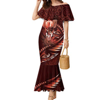 Personalised All Red New Zealand Darts Family Matching Mermaid Dress and Hawaiian Shirt Aoteroa Fern Maori Galaxy Style LT14 Mom's Dress Red - Polynesian Pride