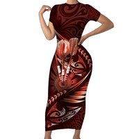 Personalised All Red New Zealand Darts Family Matching Short Sleeve Bodycon Dress and Hawaiian Shirt Aoteroa Fern Maori Galaxy Style LT14 Mom's Dress Red - Polynesian Pride