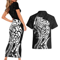 New Zealand Eel Couples Matching Short Sleeve Bodycon Dress and Hawaiian Shirt Tuna Aotearoa Maori Patten - Black LT14 - Polynesian Pride