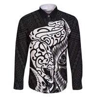 New Zealand Eel Family Matching Mermaid Dress and Hawaiian Shirt Tuna Aotearoa Maori Patten - Black LT14 Dad's Shirt - Long Sleeve Black - Polynesian Pride