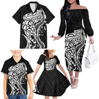 New Zealand Eel Family Matching Off The Shoulder Long Sleeve Dress and Hawaiian Shirt Tuna Aotearoa Maori Patten - Black LT14 - Polynesian Pride