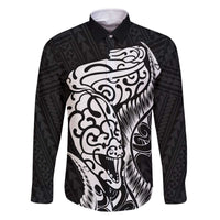 New Zealand Eel Family Matching Off The Shoulder Long Sleeve Dress and Hawaiian Shirt Tuna Aotearoa Maori Patten - Black LT14 Dad's Shirt - Long Sleeve Black - Polynesian Pride