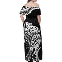 New Zealand Eel Family Matching Off Shoulder Maxi Dress and Hawaiian Shirt Tuna Aotearoa Maori Patten - Black LT14 - Polynesian Pride