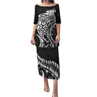 New Zealand Eel Family Matching Puletasi and Hawaiian Shirt Tuna Aotearoa Maori Patten - Black LT14 Mom's Dress Black - Polynesian Pride