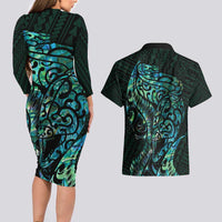 New Zealand Eel Couples Matching Long Sleeve Bodycon Dress and Hawaiian Shirt Tuna Aotearoa Maori With Paua Shell - Turquoise LT14 - Polynesian Pride