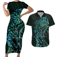 New Zealand Eel Couples Matching Short Sleeve Bodycon Dress and Hawaiian Shirt Tuna Aotearoa Maori With Paua Shell - Turquoise LT14 Turquoise - Polynesian Pride