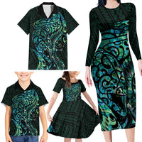New Zealand Eel Family Matching Long Sleeve Bodycon Dress and Hawaiian Shirt Tuna Aotearoa Maori With Paua Shell - Turquoise LT14 - Polynesian Pride