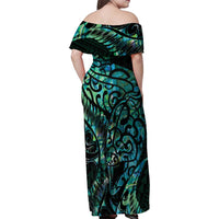 New Zealand Eel Family Matching Off Shoulder Maxi Dress and Hawaiian Shirt Tuna Aotearoa Maori With Paua Shell - Turquoise LT14 - Polynesian Pride