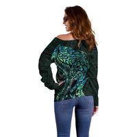 New Zealand Eel Off Shoulder Sweater Tuna Aotearoa Maori With Paua Shell - Turquoise LT14 - Polynesian Pride