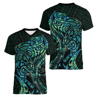 New Zealand Eel Women V-Neck T-Shirt Tuna Aotearoa Maori With Paua Shell - Turquoise
