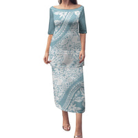 Polynesia Family Matching Puletasi Dress and Hawaiian Shirt Polynesian Tropical Flowers Blue Pastel Vibes LT14 Mom's Dress Blue - Polynesian Pride