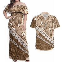 Beige Bula Fiji Couples Matching Off Shoulder Maxi Dress and Hawaiian Shirt Fijian Language Week Tapa Cloth - Pastel LT14 Beige - Polynesian Pride