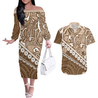 Beige Bula Fiji Couples Matching Off The Shoulder Long Sleeve Dress and Hawaiian Shirt Fijian Language Week Tapa Cloth - Pastel LT14 Beige - Polynesian Pride