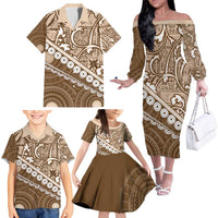 Beige Bula Fiji Family Matching Off The Shoulder Long Sleeve Dress and Hawaiian Shirt Fijian Language Week Tapa Cloth - Pastel LT14 - Polynesian Pride
