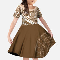 Beige Bula Fiji Family Matching Off Shoulder Maxi Dress and Hawaiian Shirt Fijian Language Week Tapa Cloth - Pastel LT14 Daughter's Dress Beige - Polynesian Pride