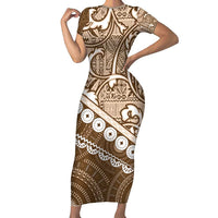Beige Bula Fiji Family Matching Short Sleeve Bodycon Dress and Hawaiian Shirt Fijian Language Week Tapa Cloth - Pastel LT14 Mom's Dress Beige - Polynesian Pride