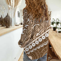 Beige Bula Fiji Women Casual Shirt Fijian Language Week Tapa Cloth - Pastel