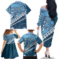Blue Bula Fiji Family Matching Off The Shoulder Long Sleeve Dress and Hawaiian Shirt Fijian Language Week Tapa Cloth - Pastel LT14 - Polynesian Pride