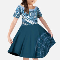 Blue Bula Fiji Family Matching Off Shoulder Maxi Dress and Hawaiian Shirt Fijian Language Week Tapa Cloth - Pastel LT14 Daughter's Dress Blue - Polynesian Pride