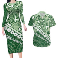 Green Bula Fiji Couples Matching Long Sleeve Bodycon Dress and Hawaiian Shirt Fijian Language Week Tapa Cloth - Pastel LT14 Green - Polynesian Pride