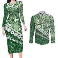 Green Bula Fiji Couples Matching Long Sleeve Bodycon Dress and Long Sleeve Button Shirt Fijian Language Week Tapa Cloth - Pastel LT14 Green - Polynesian Pride