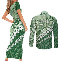 Green Bula Fiji Couples Matching Short Sleeve Bodycon Dress and Long Sleeve Button Shirt Fijian Language Week Tapa Cloth - Pastel LT14 - Polynesian Pride