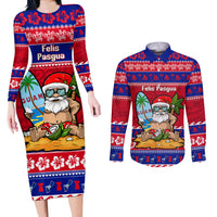 Custom Guam Christmas Couples Matching Long Sleeve Bodycon Dress and Long Sleeve Button Shirt Guaman Santas Felis Pasgua LT14 Blue - Polynesian Pride