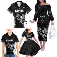 Aotearoa Rugby Custom Family Matching Off The Shoulder Long Sleeve Dress and Hawaiian Shirt Maori Kiwi - Mascot Style LT14 - Polynesian Pride