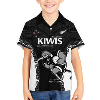 Aotearoa Rugby Custom Family Matching Off The Shoulder Long Sleeve Dress and Hawaiian Shirt Maori Kiwi - Mascot Style LT14 Son's Shirt Black - Polynesian Pride