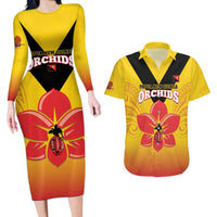 Orchids PNG Rugby Custom Couples Matching Long Sleeve Bodycon Dress and Hawaiian Shirt Go Champions Papua New Guinea LT14 Yellow - Polynesian Pride