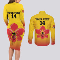 Orchids PNG Rugby Custom Couples Matching Long Sleeve Bodycon Dress and Long Sleeve Button Shirt Go Champions Papua New Guinea LT14 - Polynesian Pride
