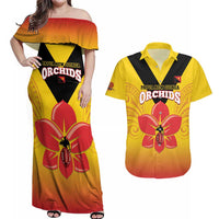 Orchids PNG Rugby Custom Couples Matching Off Shoulder Maxi Dress and Hawaiian Shirt Go Champions Papua New Guinea LT14 Yellow - Polynesian Pride