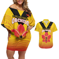Orchids PNG Rugby Custom Couples Matching Off Shoulder Short Dress and Hawaiian Shirt Go Champions Papua New Guinea LT14 Yellow - Polynesian Pride